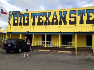Warren literally ran into the Big Texan Steakhouse. You can't miss the big yellow building from the interstate.